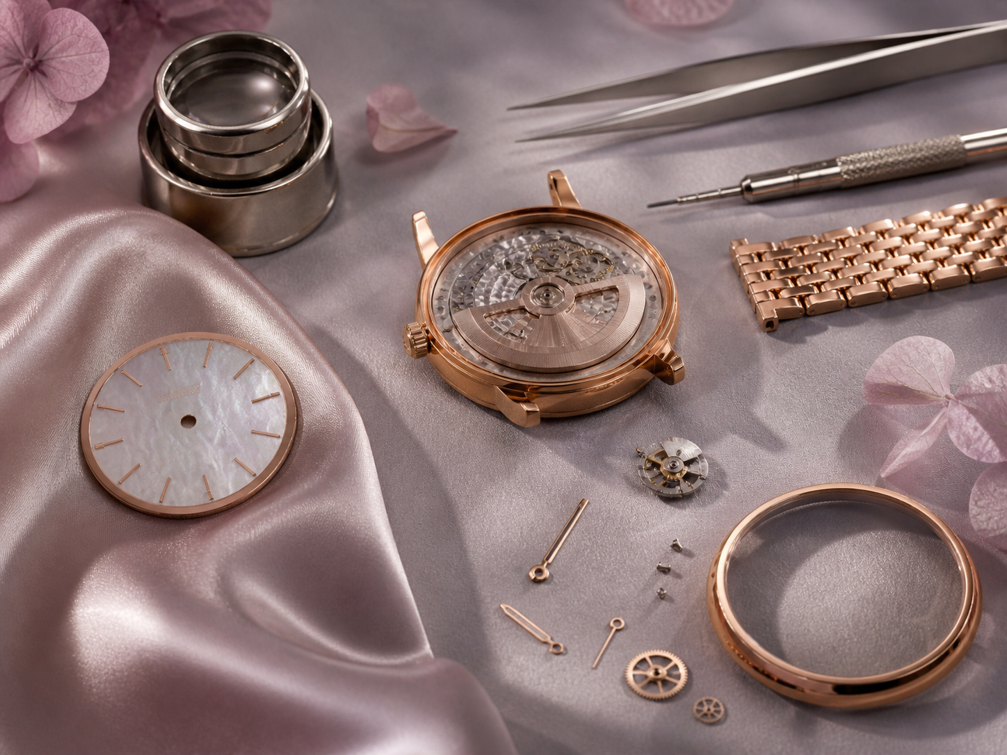Luxury watchmaking tools and rose-gold components arranged on an atelier desk