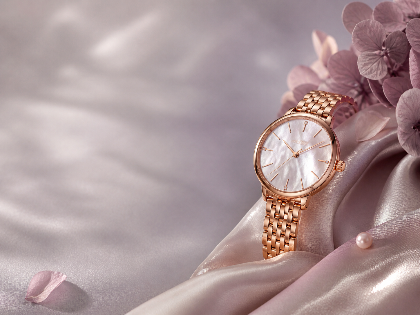 Rose-gold watch with mother-of-pearl dial in lavender atelier styling